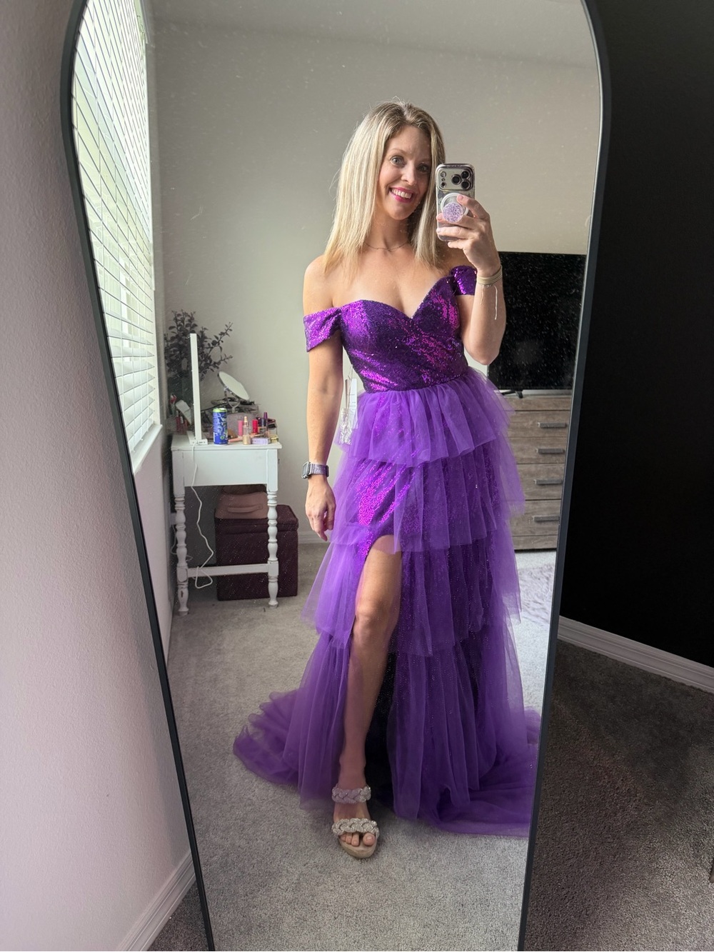 Off-Shoulder Purple Tiered Tulle Prom Dress with Sequin Bodice